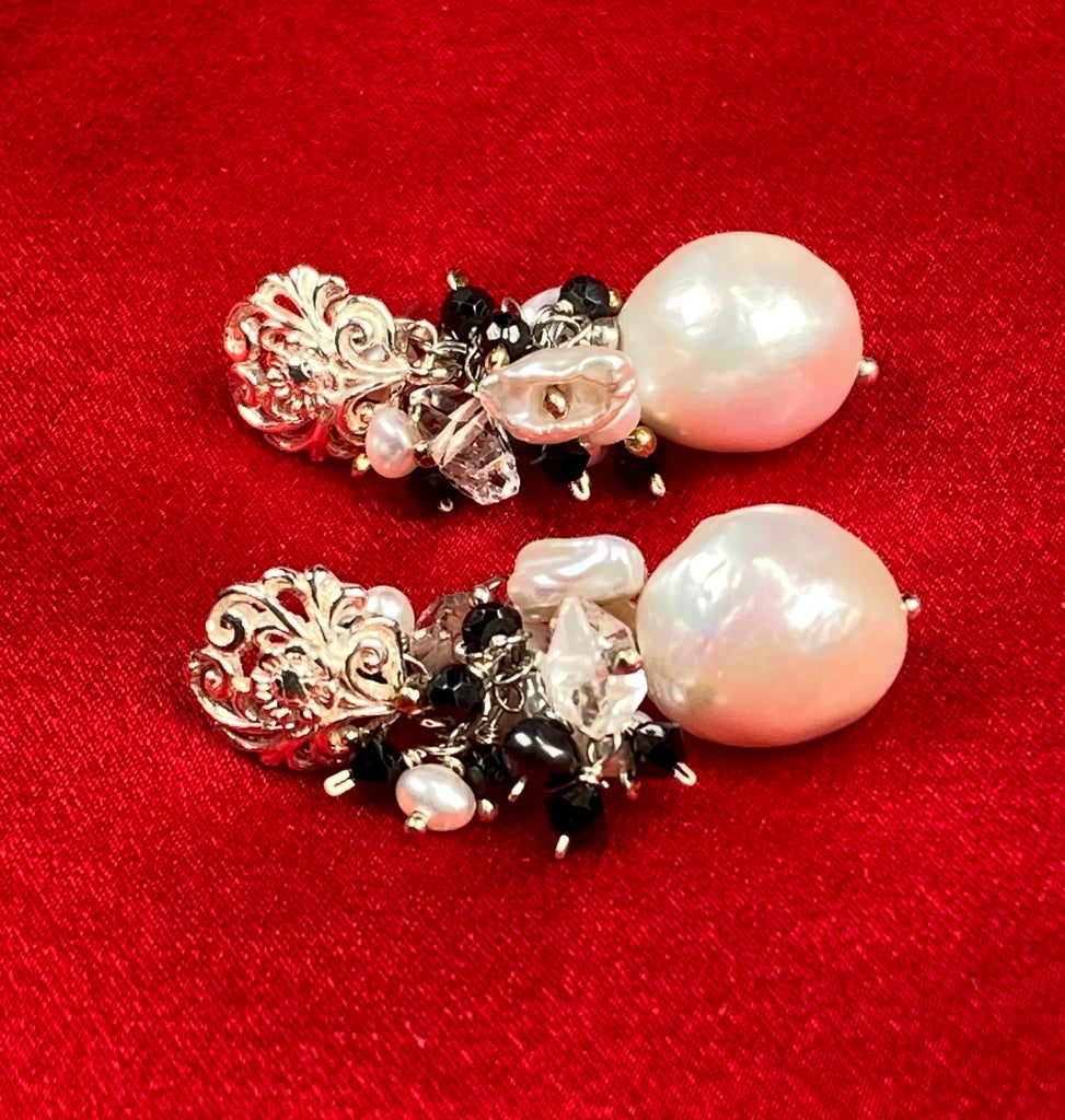 White Edison Pearl Cluster Earrings with Herkimer Diamond, Black Spinel