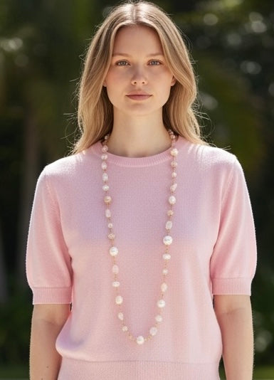 Pink Blush Gemstone and Pearl Long Necklace Gold Fill Wire Wrap