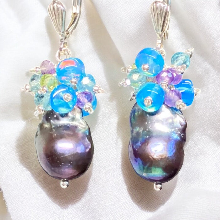 Baroque Peacock Pearl Cluster Earrings, Peridot, Amethyst, Opal, Sterling Silver