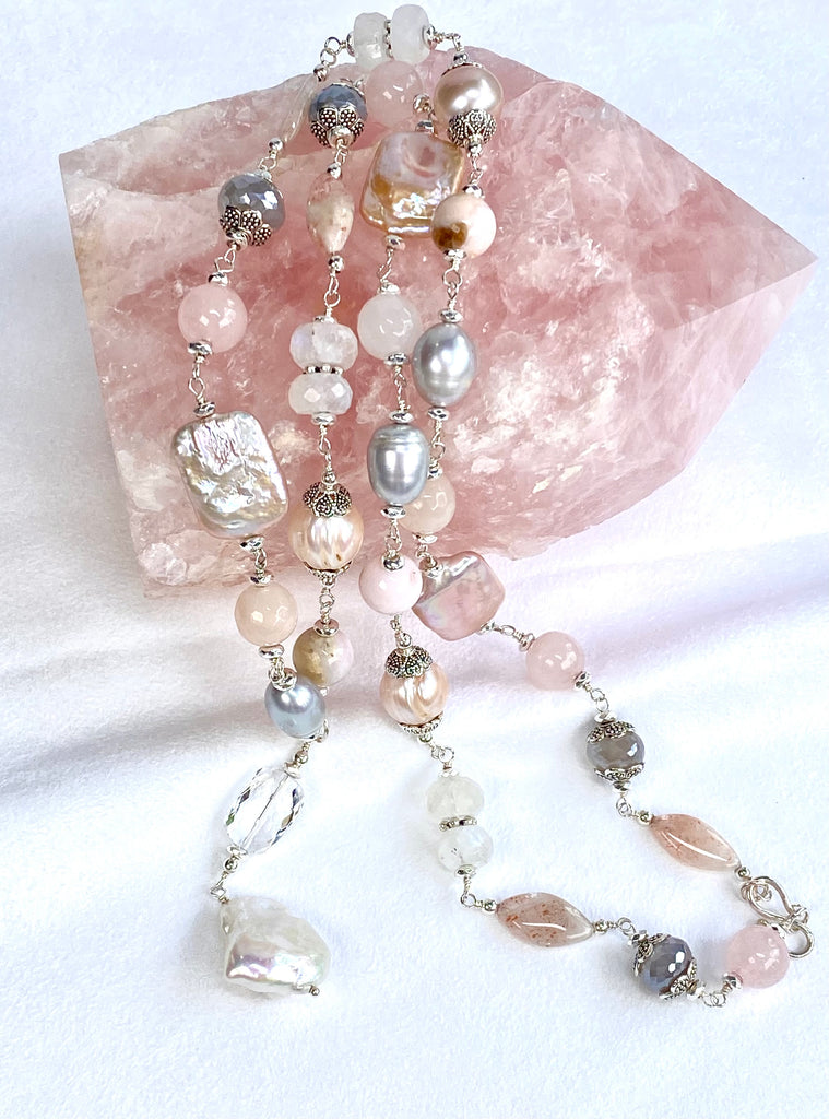 Blush Pink Baroque and Silver Pearl Long Sautoir Necklace — Rainbow and Grey Mystic Moonstone Rose Quartz