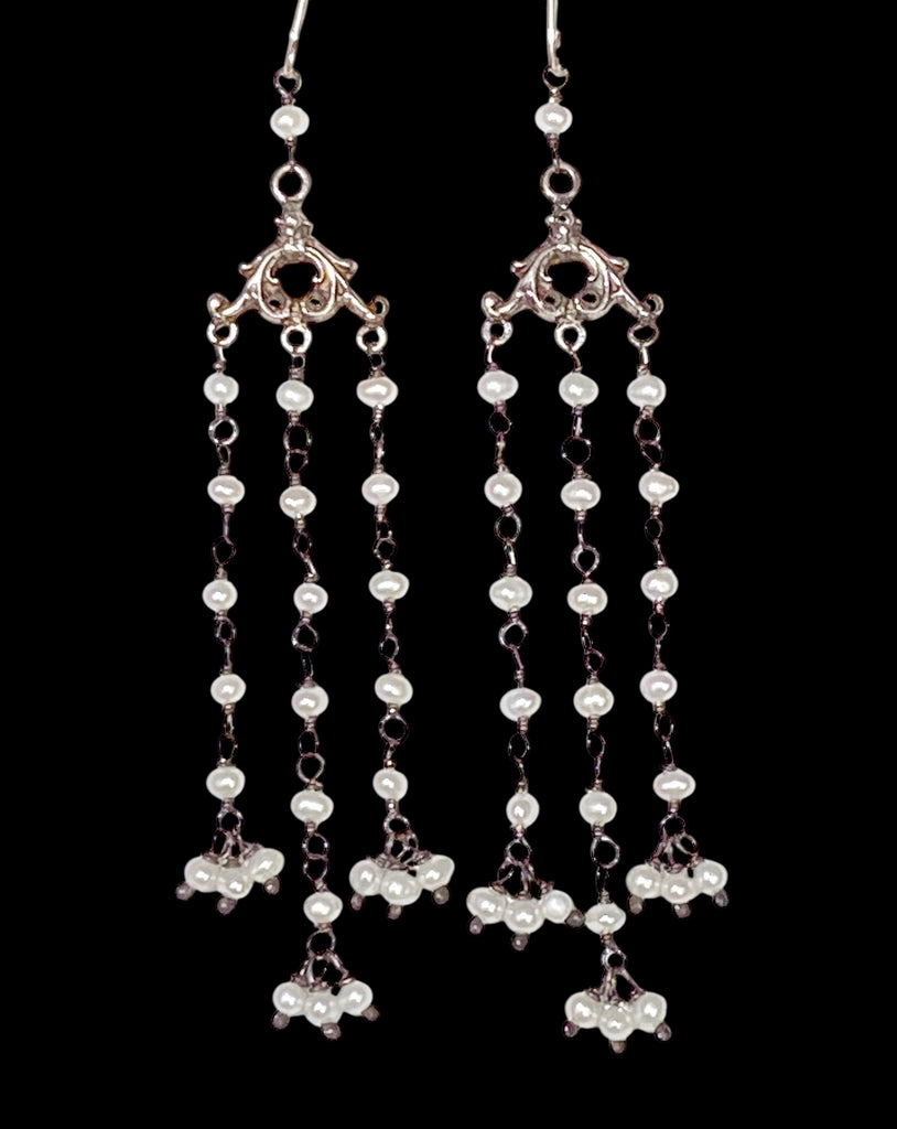 Long Pearl Chandelier Earrings Oxidized Silver Shoulder Dusters