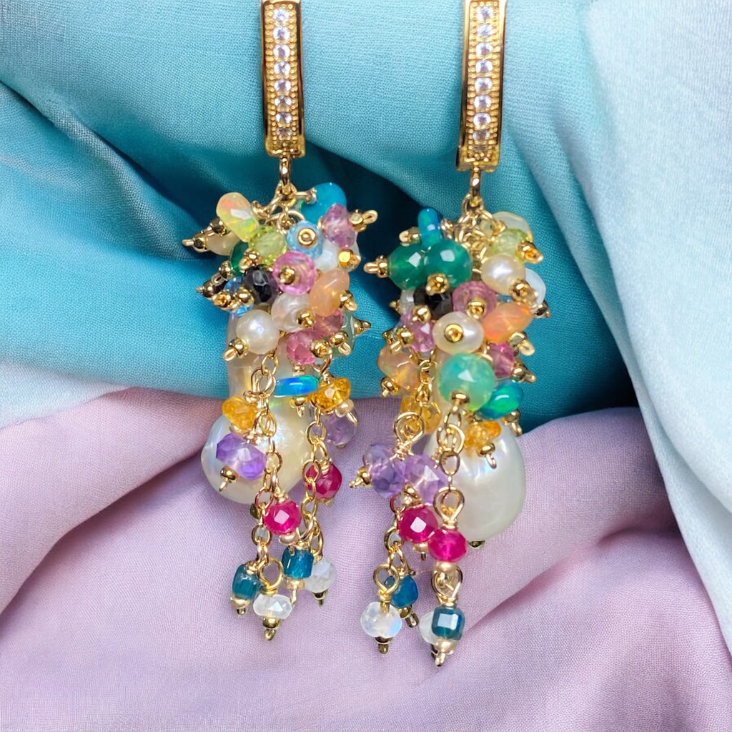 Baroque Flameball Earrings Multi Gemstone Cluster, Gold fill