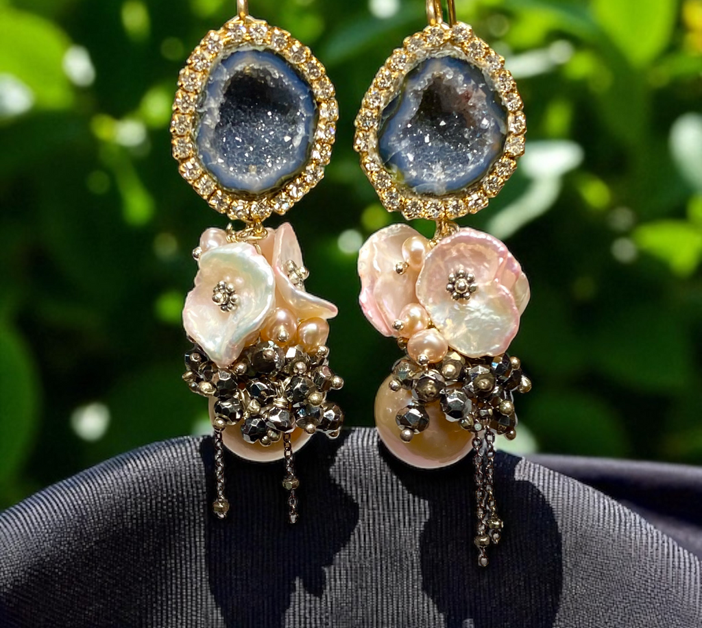 Pink Edison Pearl Cluster Earrings with Keishi and Black Geodes