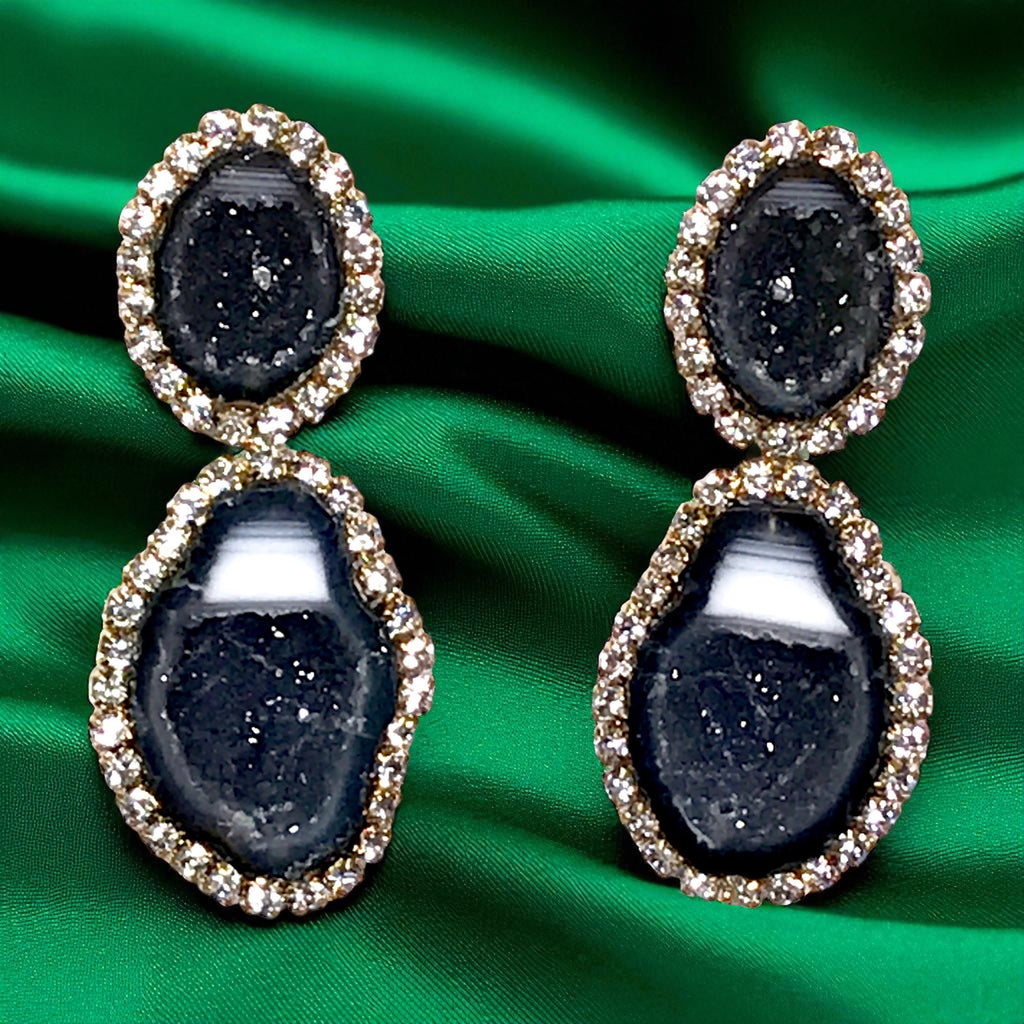 Black and White Tabasco Geode Earrings Double Dangle RARE