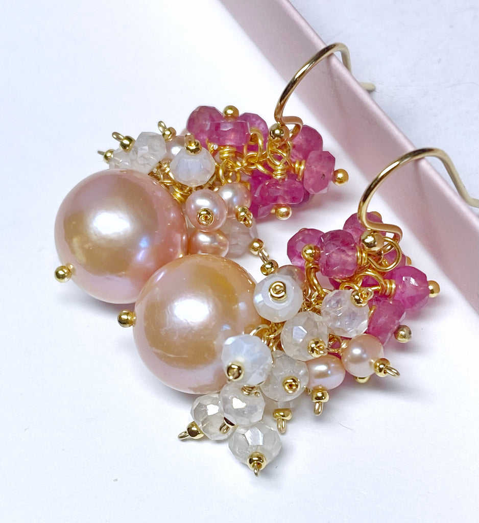 Blush Pearl Pink Sapphire Mystic Quartz Cluster Earrings