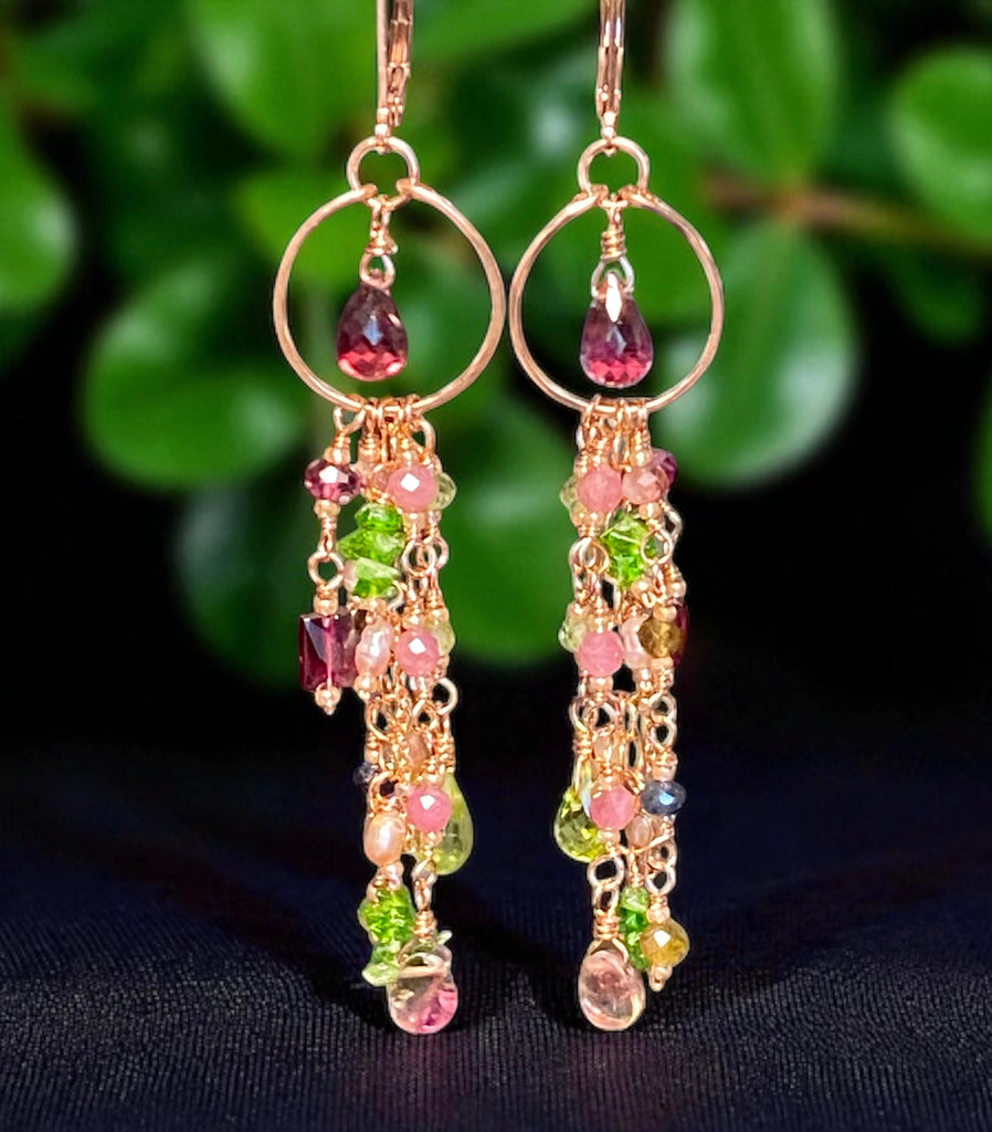 Rubellite Tourmaline Multicolor Gemstone Long Boho Dangle Earrings Rose Gold