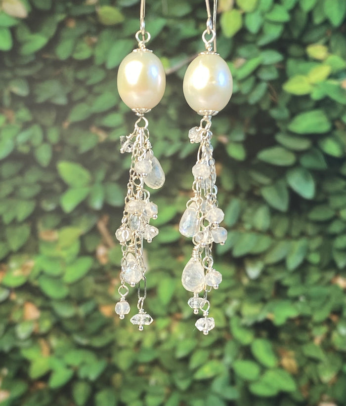 Pearl Moonstone Bridal Dangle Earrings Sterling Silver with Herkimer Diamonds