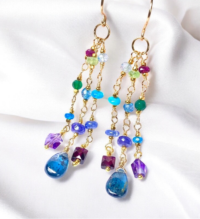 Teal Kyanite, Multi Gemstone Gold Fill Long Dangle Earrings