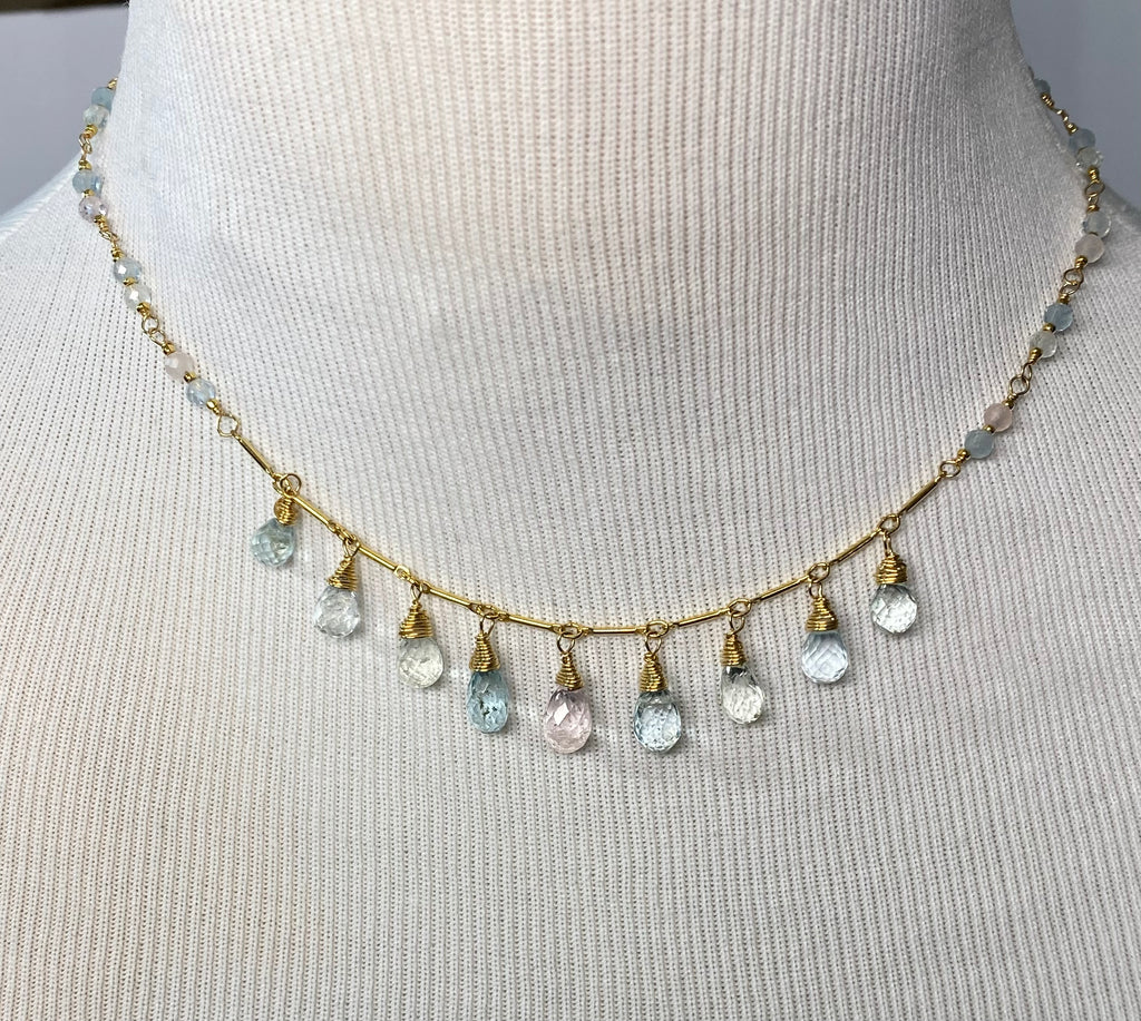 Aquamarine Morganite Dainty Dangle Necklace Gold Fill - Doolittle