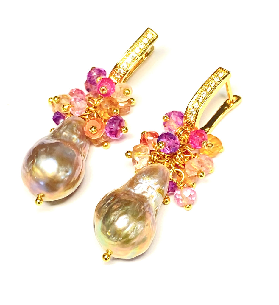 Baroque Flameball Gold Silver Pearl Earrings with Padparadscha Sapphire Clusters Gold Fill - Doolittle