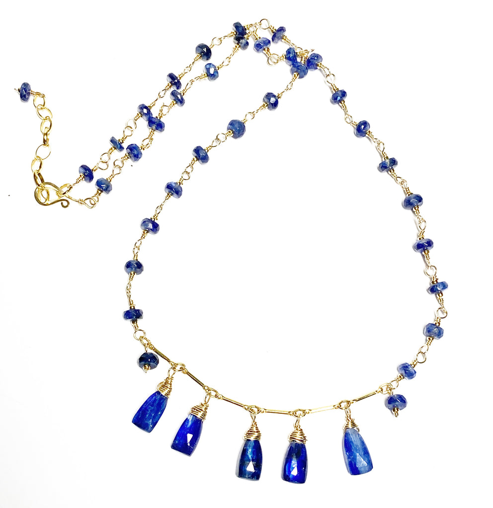 Blue Kyanite Gold Fill Dangle Necklace Rosary Style Wire Wrap