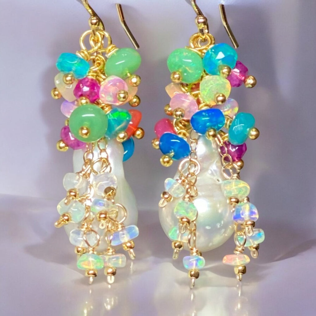 Baroque Flameball Pearl Cluster Earrings Multi-color Opals 4