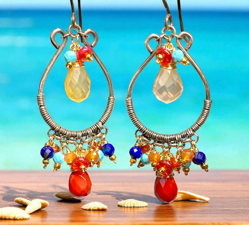 Multi Gemstone Hoop Chandelier Earrings, Mexican Fire Opal, Mixed Metals 3