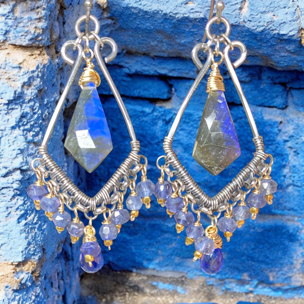 Blue Gemstone Statement Chandelier Earrings Oxidized Sterling Silver Blue Labradorite, Iolite, Kyanite