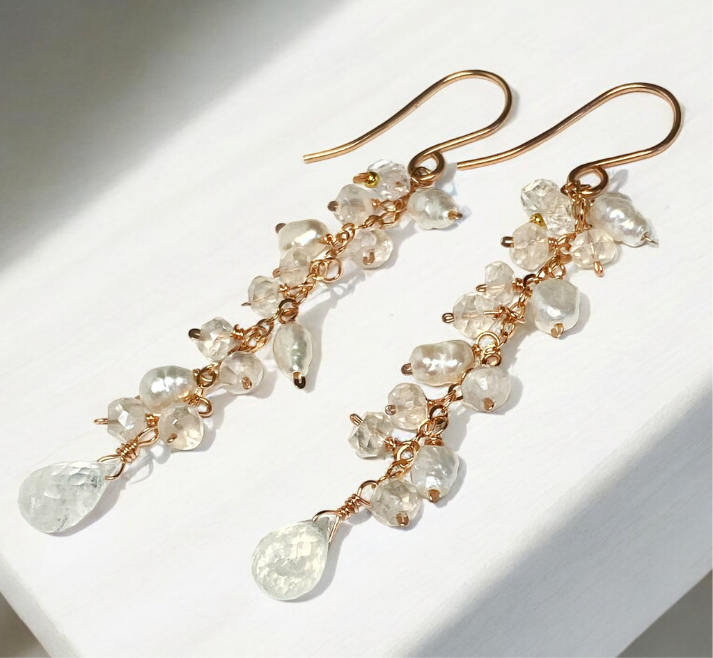 Rainbow Moonstone and Pearl Long Dangle Earrings - Rose Gold, Sterling Silver, Gold Fill