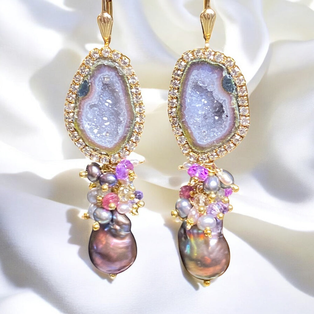 Grey Tabasco Geode and Baroque Pearl Cluster Dangle Earrings - Pink, Plum, Grey