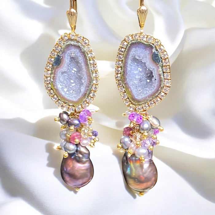 Grey Tabasco Geode and Baroque Pearl Cluster Dangle Earrings - Pink, Plum, Grey
