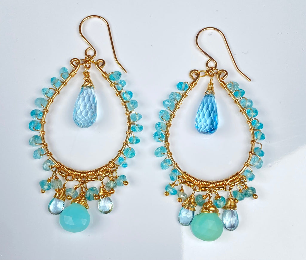 Blue Topaz Gold Fill Hoop Chandelier Earrings with Apatite, Peruvian Opal