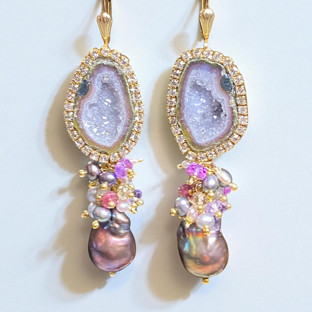 Grey Tabasco Geode and Baroque Pearl Cluster Dangle Earrings - Pink, Plum, Grey