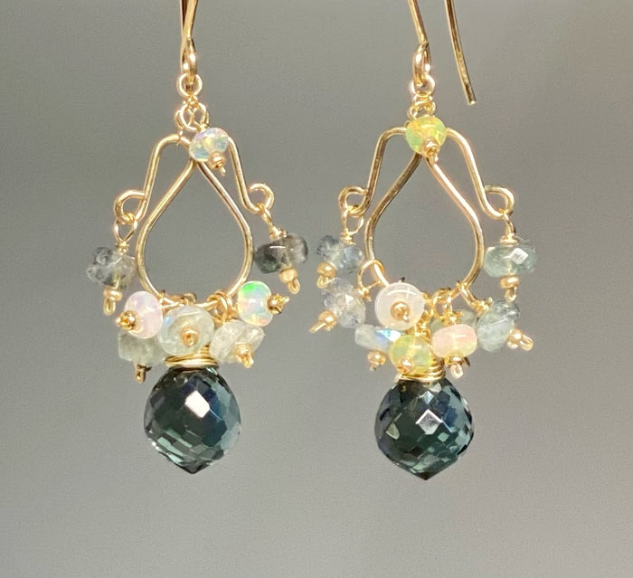 Opal and Aquamarine Chandelier Earrings, Gold Fill - Doolittle