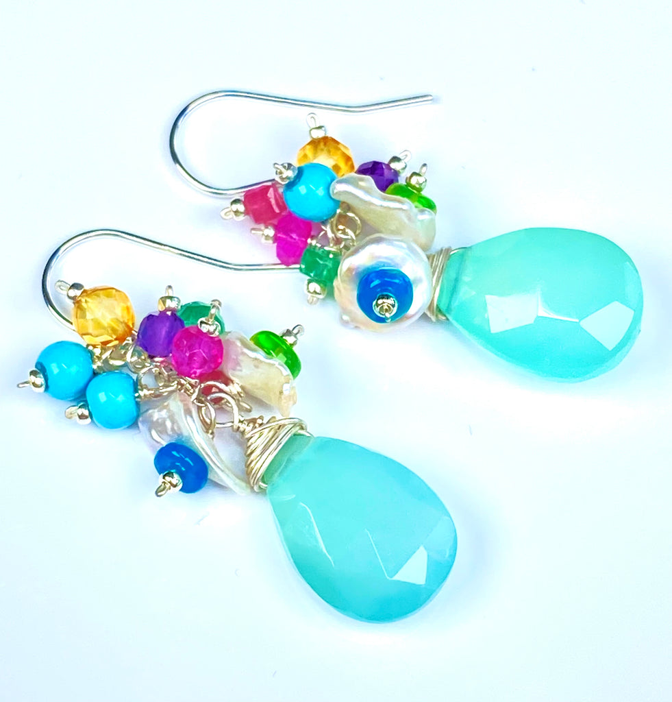 Aqua Chalcedony Multicolor Cluster Earrings Sterling Silver