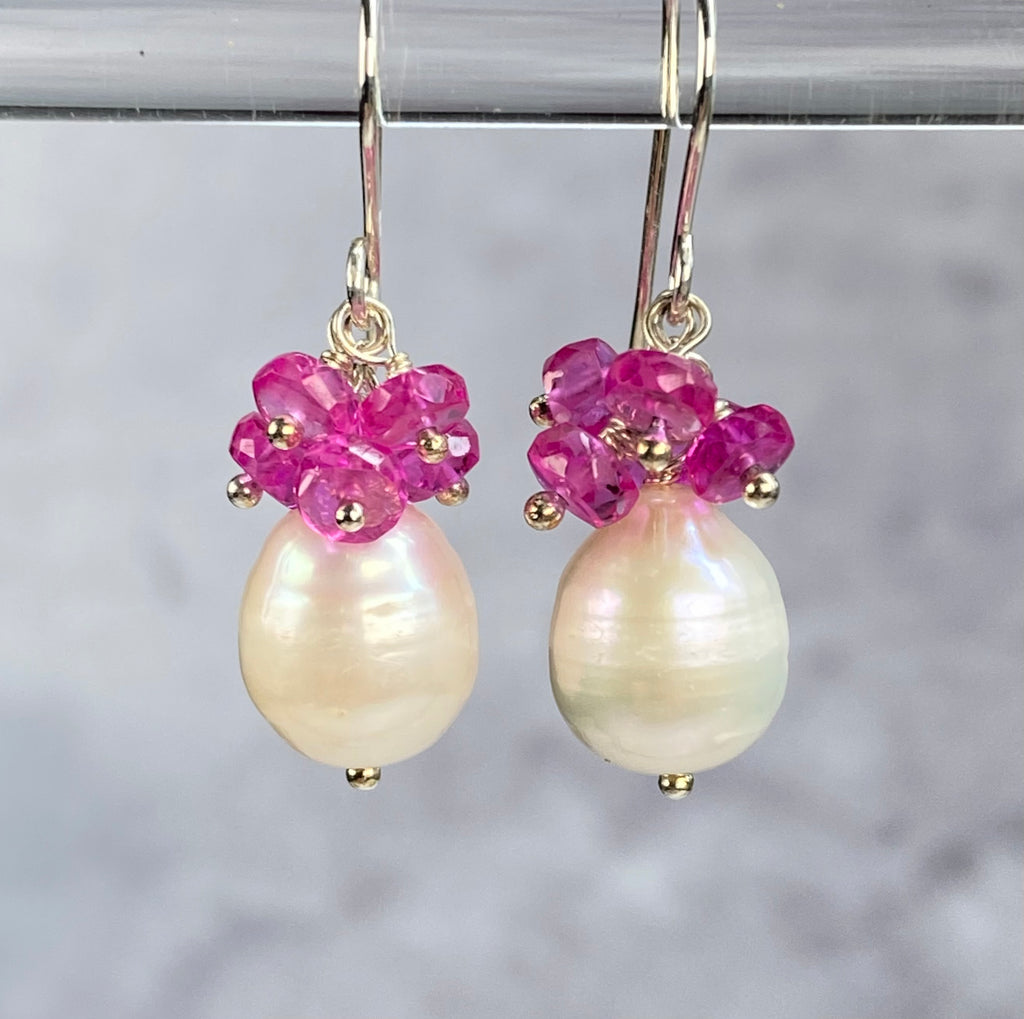 Pearl Cluster Earrings with Fuchsia Pink Sapphires, Sterling Silver