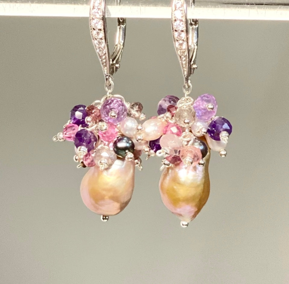 Baroque Pearl Amethyst Cluster Earrings Sterling SIlver