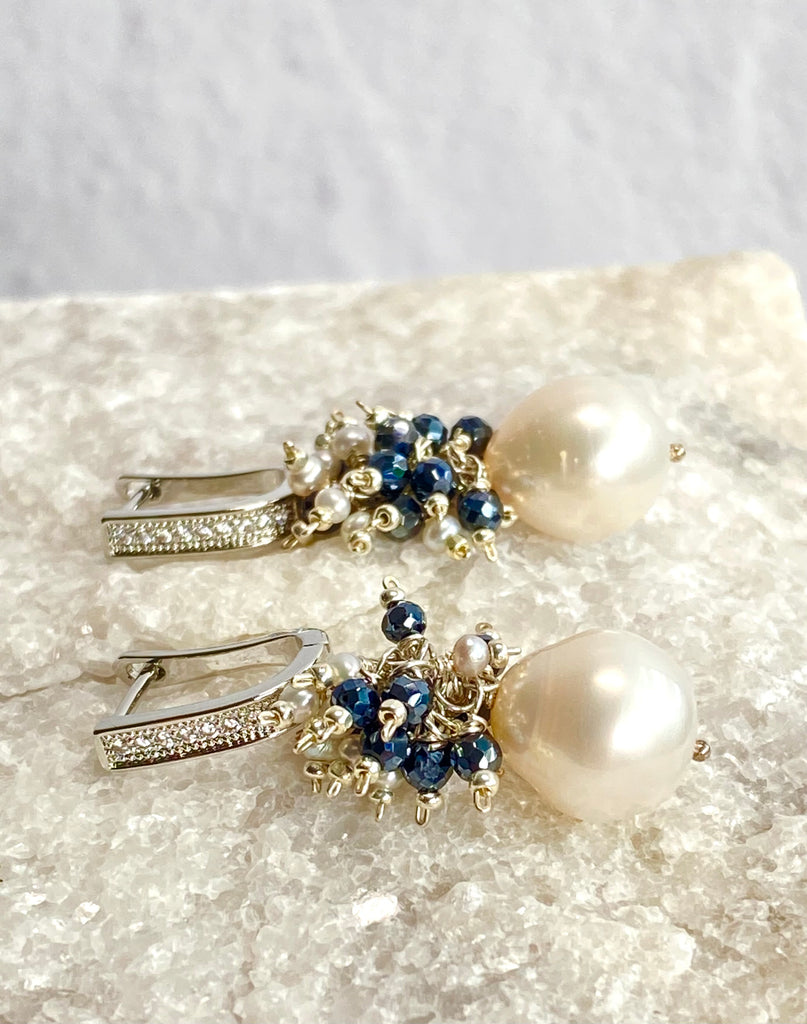 White Pearl Black Spinel Cluster Earrings Sterling Silver