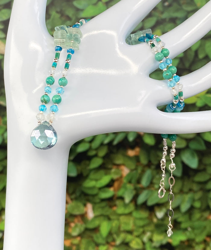 Mystic Aqua Quartz Pendant; Silk Knotted Aqua Blue Beaded Necklace