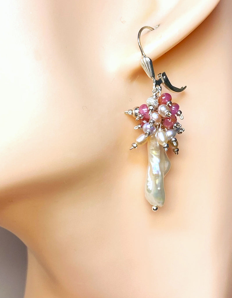 Blush Pink Biwa Pearl Pink Sapphire Cluster Earrings Sterling Silver