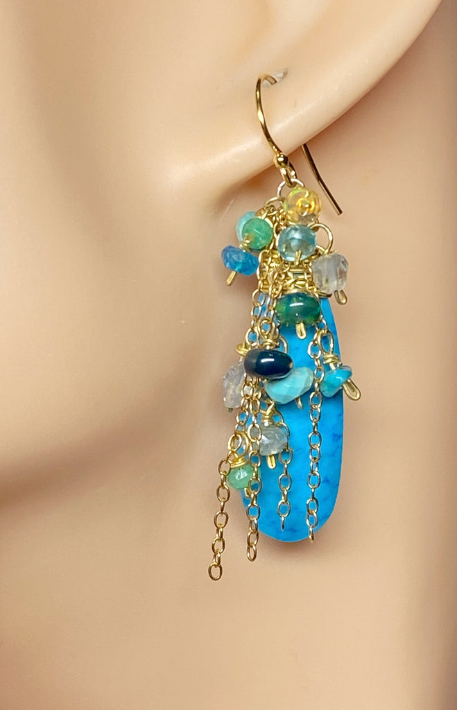Turquoise & Ethiopian Opal Cluster Dangle Earrings Gold Fill