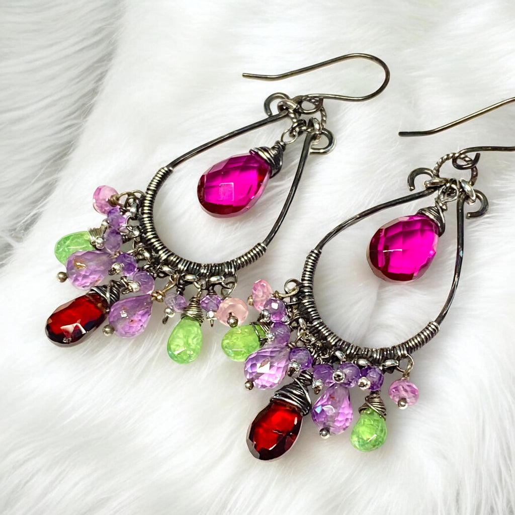 Multicolor Gemstone Statement Chandelier Earrings Oxidized Sterling Silver Amethyst Tsavorite Garnet - Doolittle