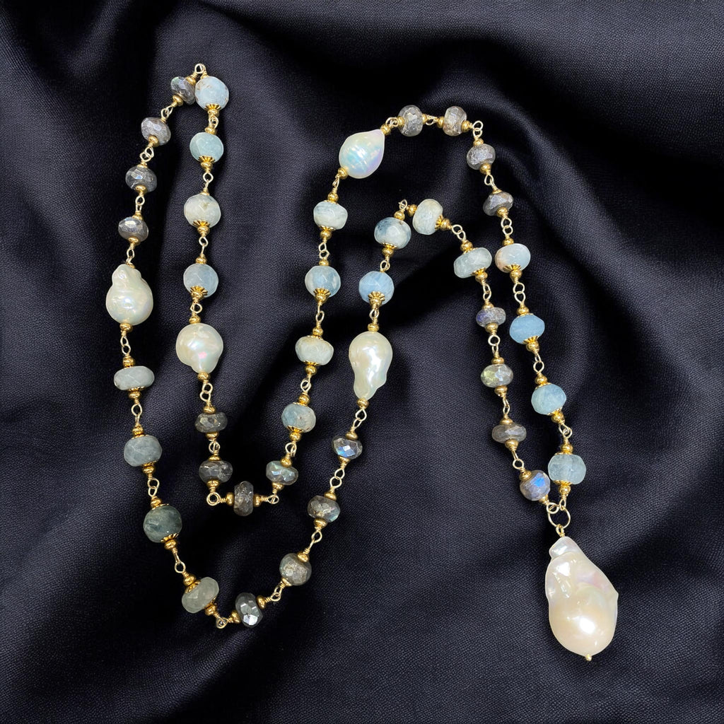 Aquamarine, Labradorite, Pearl Long Wire Wrapped Necklace