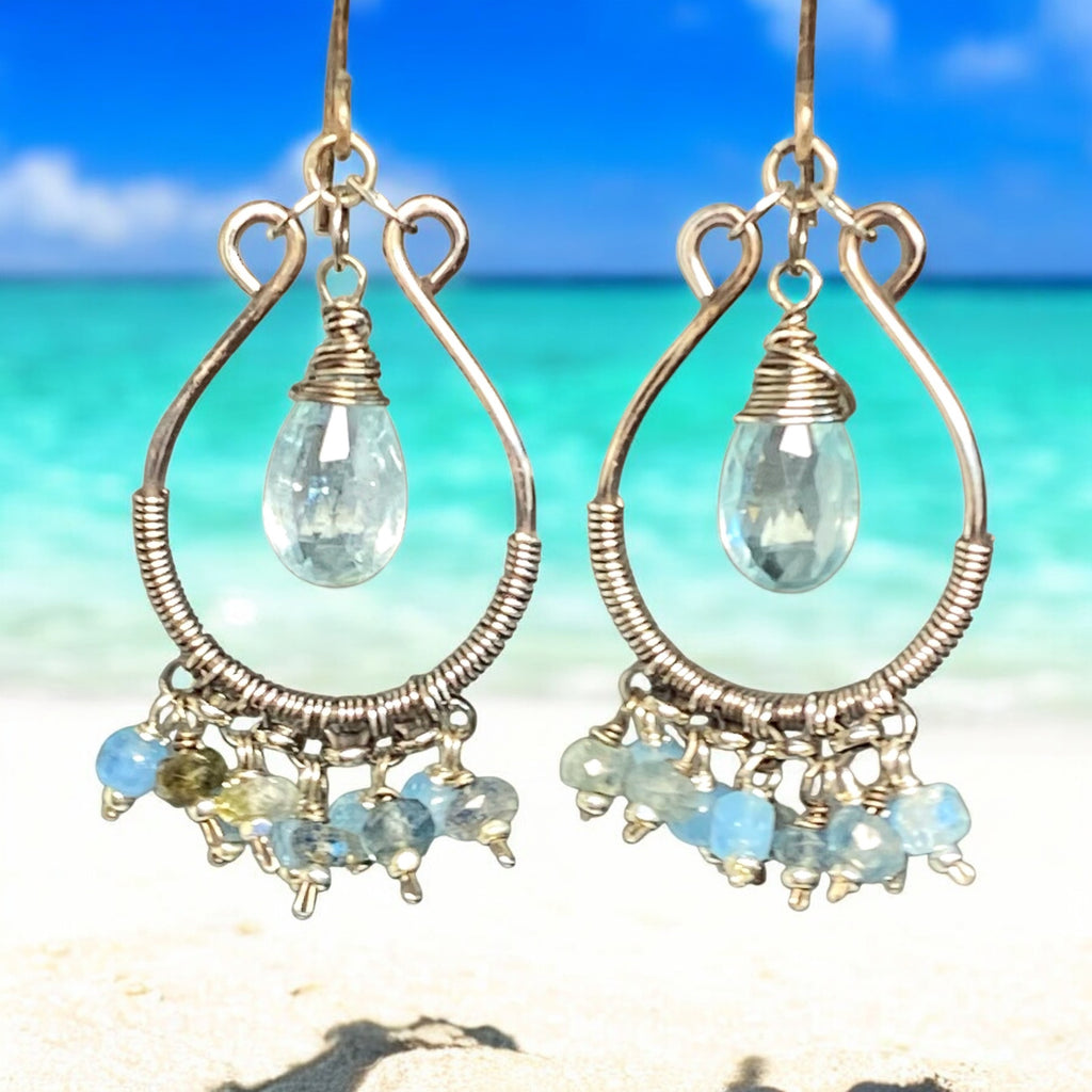 Aquamarine Oxidized Sterling Silver Hoop Chandelier Earrings
