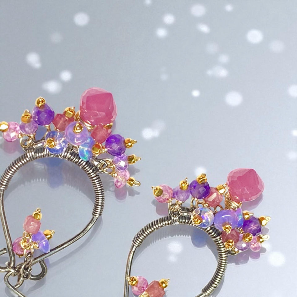 Pink Sapphire Mixed Metal Hoop Chandelier Earrings - Oxidized Sterling Silver - Doolittle