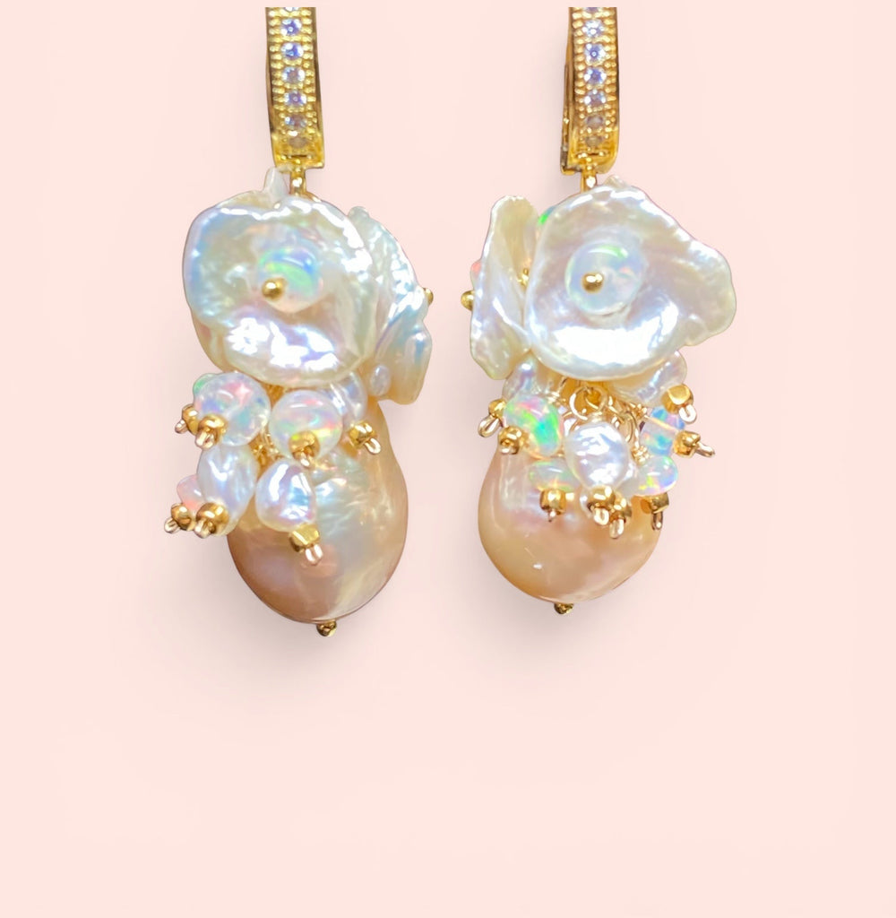 Baroque Edison Pearl Keishi Pearl Opal Cluster Earrings Bridal Gold - Doolittle