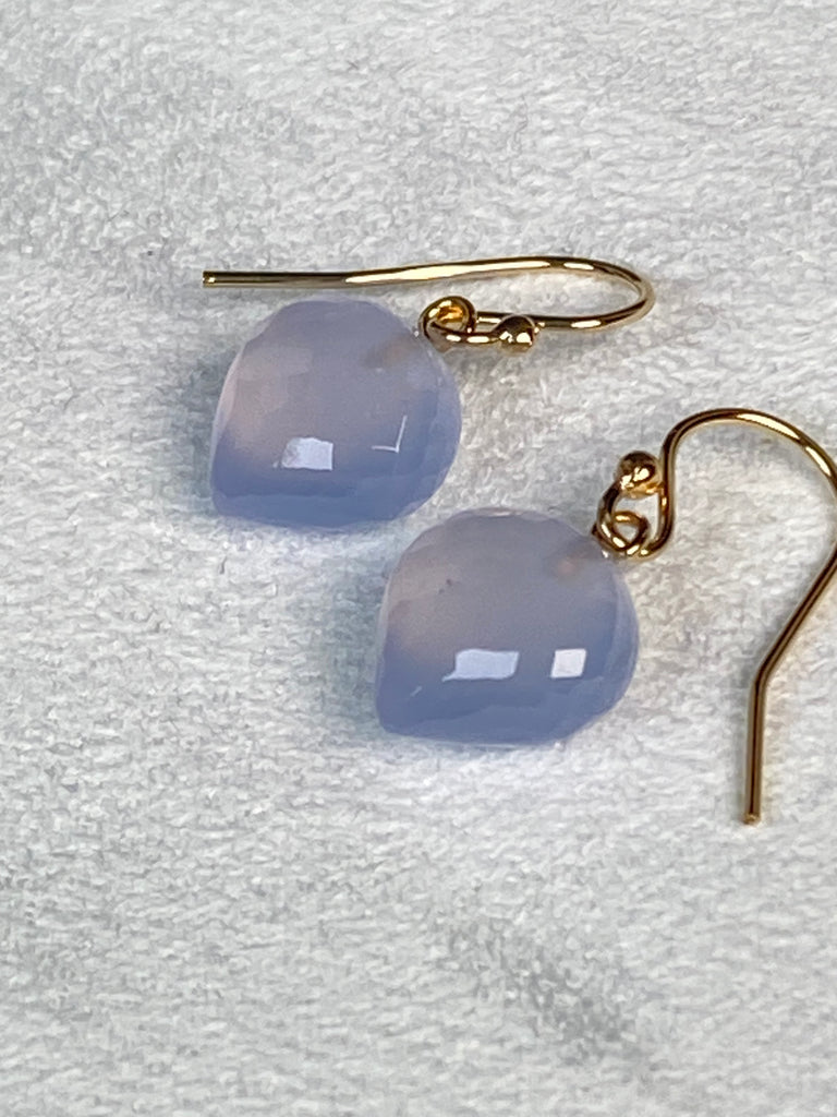 Natural Blue Chalcedony Gemstone Heart Dangle Earrings 14k Gold Fill