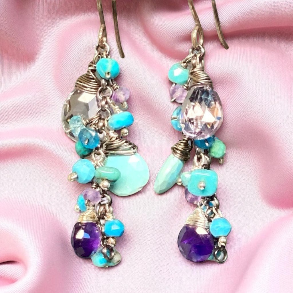 Sleeping Beauty Turquoise Dangle Earrings with Amethyst in Oxidized Sterling Silver