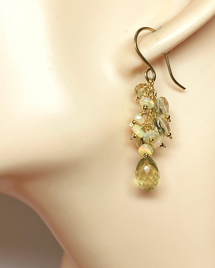 Yellow Lemon Quartz and Ethiopian Opal Dangle Earrings Gold