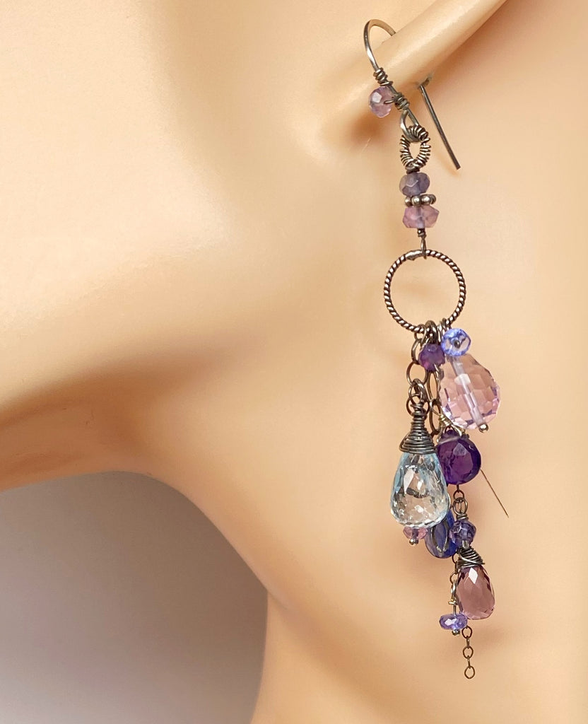 Blue Violet Boho Dangle Earrings Amethyst, Blue Topaz, Kyanite, Oxidized Sterling Silver