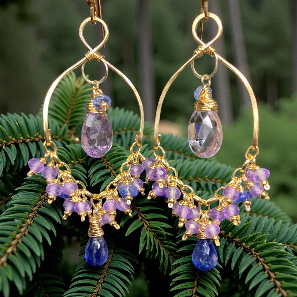 Lavender and Blue Gemstone Chandelier Dangle Earrings 14kt Gold Fill