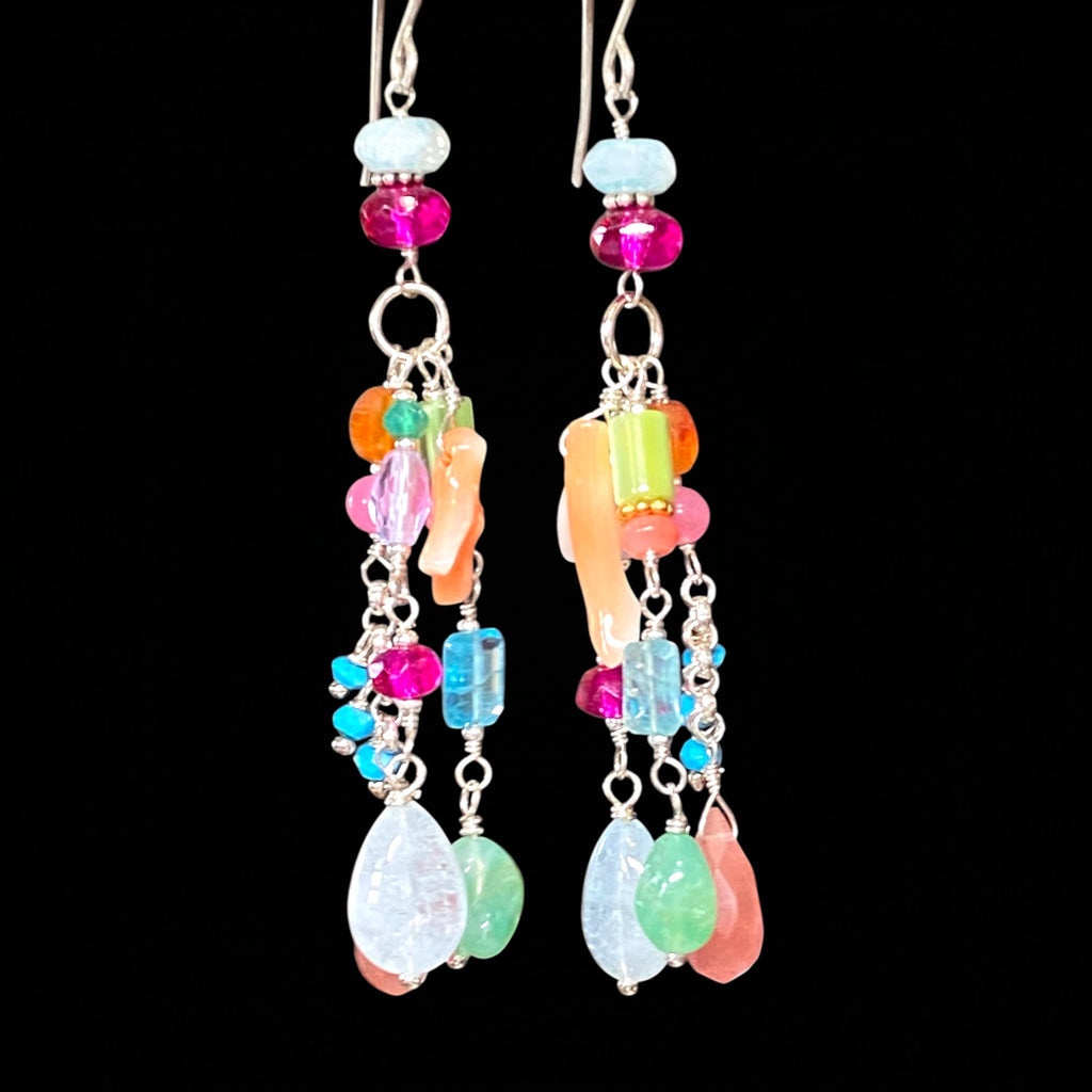 Multicolor Gemstone Dangle Earrings Sterling Silver - Aquamarine, Chrysoprase - Doolittle