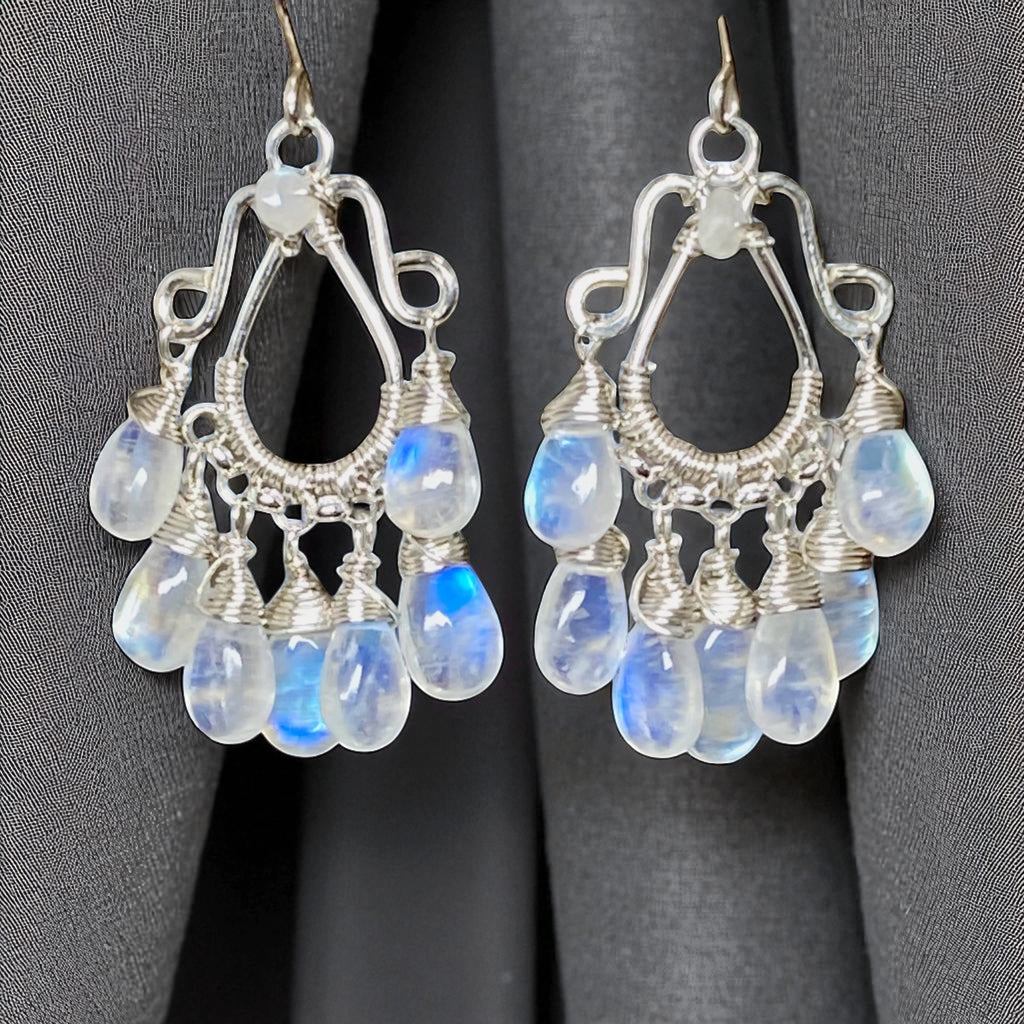 Rainbow Moonstone Sterling Silver Chandelier Statement Earrings