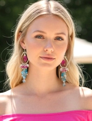 Blue Aquamarine, Natural Blue Zircon, Pink Sapphire Chandelier Hoop Earrings Sterling Silver