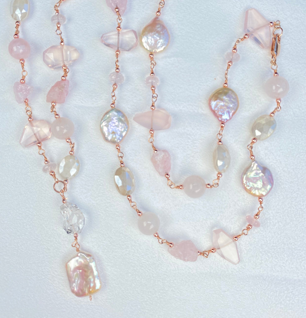 Blush Pink Coin Pearl Long Sautoir Necklace — Rose Gold Fill, Rose Quartz & Morganite