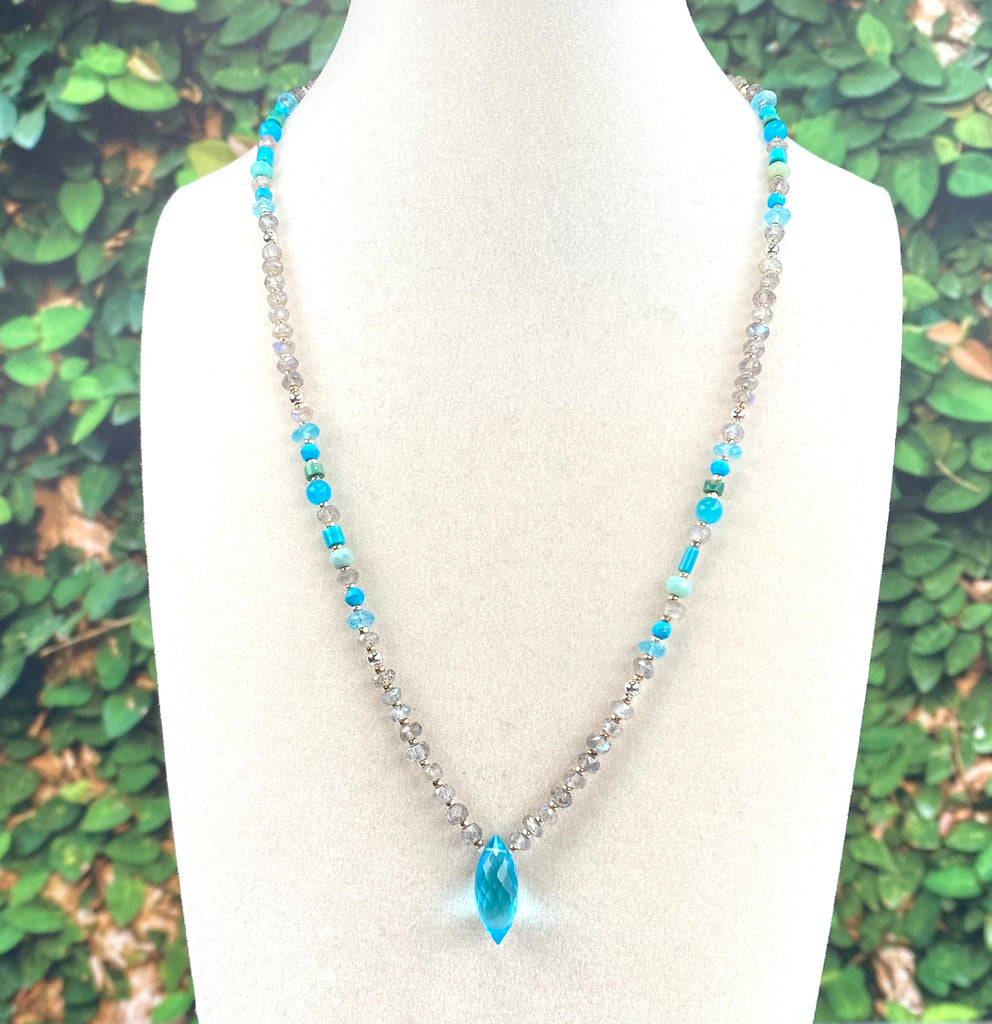 Aqua Turquoise Quartz Silk Knot Pendant Necklace:  Labradorite, Turquoise, Amazonite, Sterling Silver