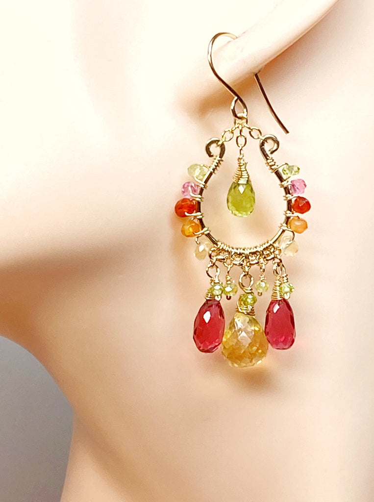 Colorful Gemstone Chandelier Earrings:  Peridot, Citrine, Fuchsia Pink Quartz, Gold Fill