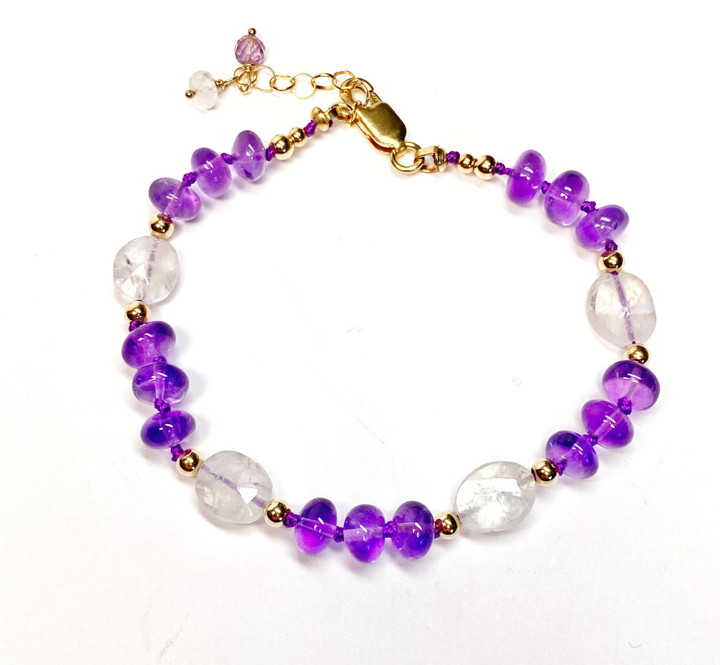 Amethyst and Rainbow Moonstone Silk Knot Bracelet Gold Fill