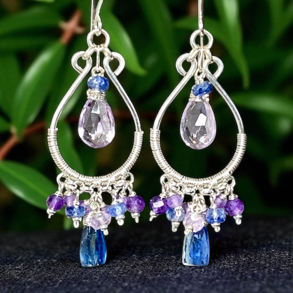 Blue Kyanite and Purple Gemstone Hoop Chandelier Earrings