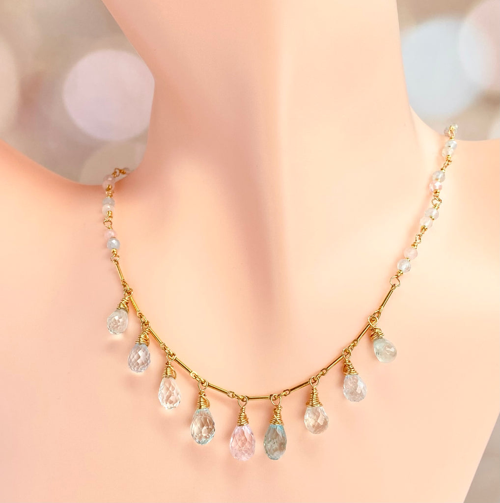 Aquamarine Morganite Dainty Dangle Necklace Gold Fill